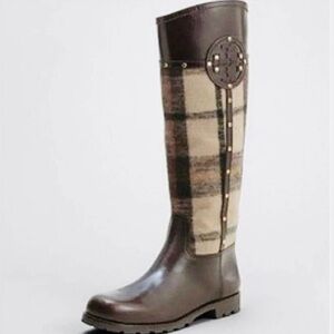 Tory Burch Colleen Plaid Leather Riding Boots, Sz 6